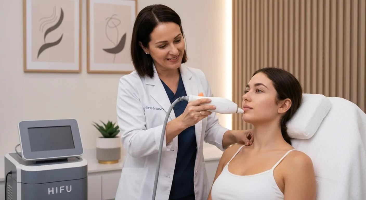 Patient receiving HIFU jawline treatment in a modern clinic, highlighting the non-invasive procedure