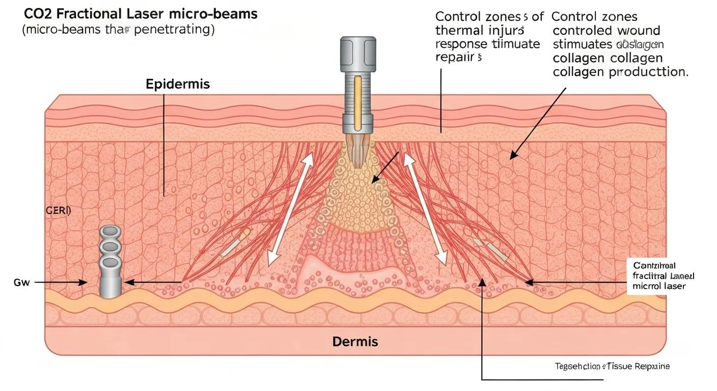 Diagram illustrating how CO2 fractional laser micro-beams penetrate the skin to create controlled injury zones and stimulate collagen production.