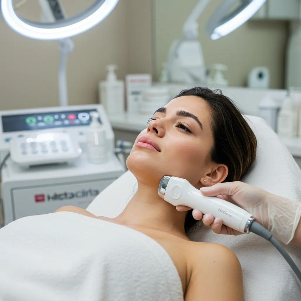 A close-up of a HIFU device being used on a client's chin area in a modern clinic setting