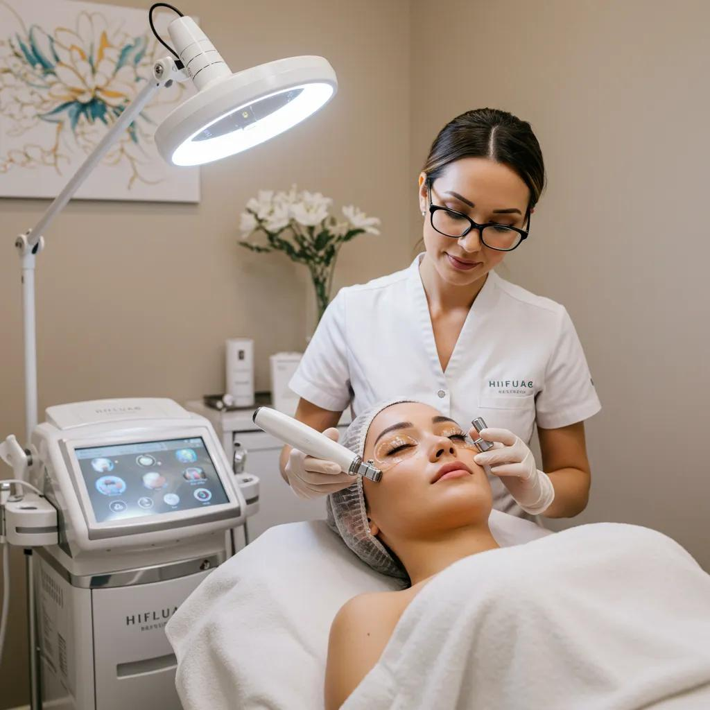 HIFU eye lift treatment in a calming spa environment with a practitioner and patient