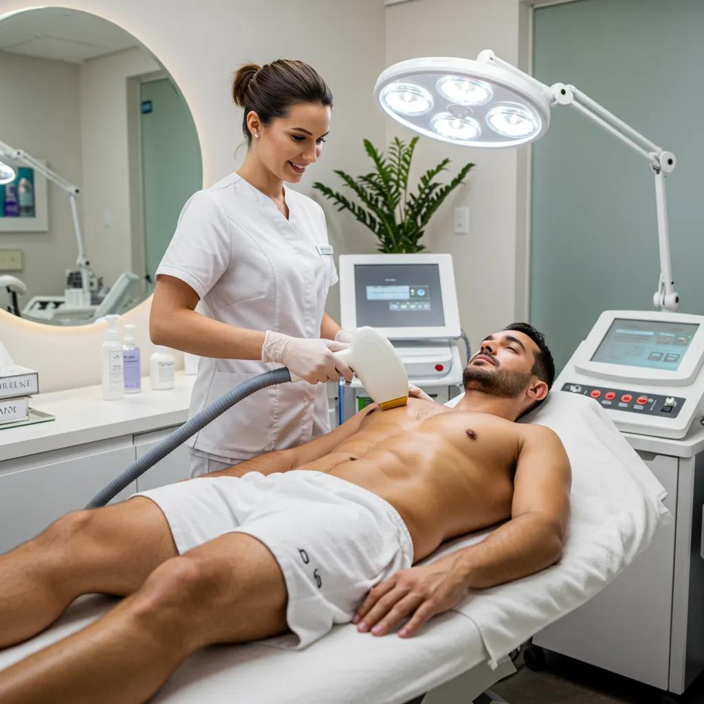 Man receiving full body laser hair removal treatment in a modern clinic