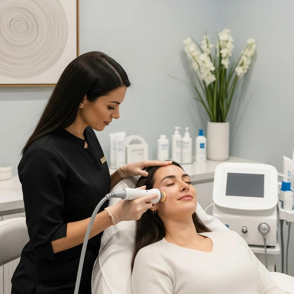 Aesthetician performing HIFU skin tightening treatment in a modern clinic, highlighting non-invasive beauty procedures