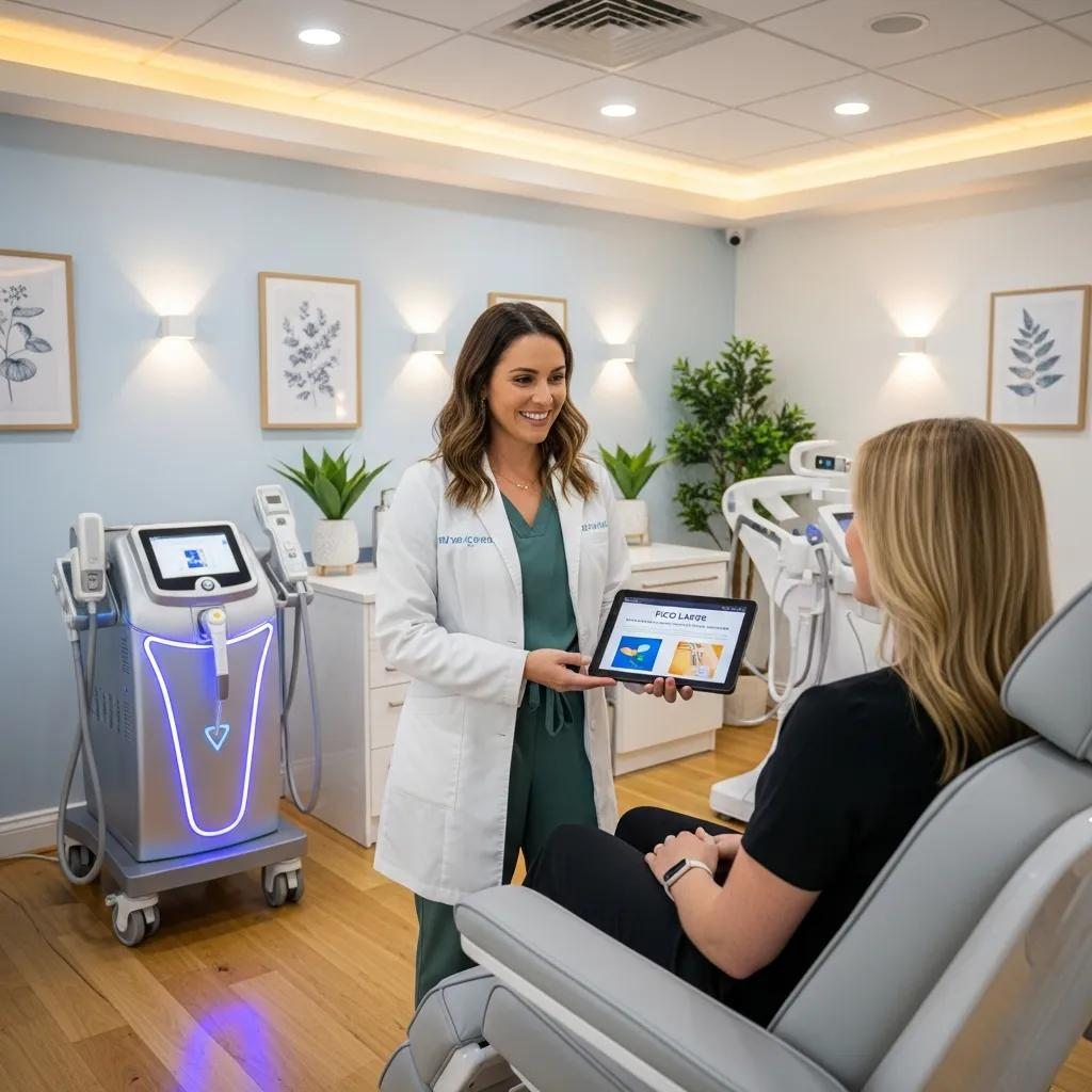 Modern cosmetic laser clinic in Robina with clinician consulting a patient about pico laser treatment