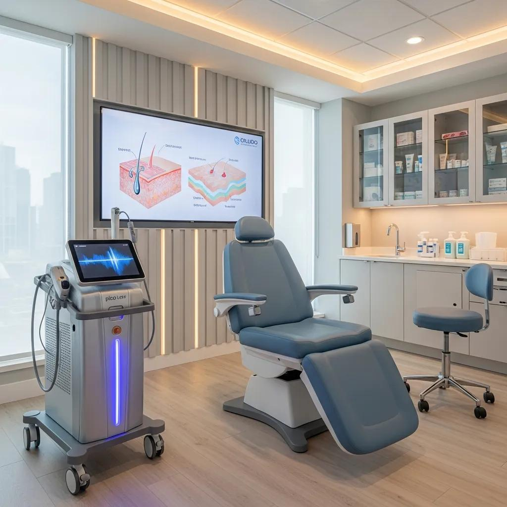 Modern laser consultation room with pico laser device, emphasizing advanced skin treatment technology