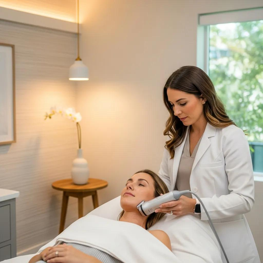 Patient receiving HIFU skin tightening treatment in a modern aesthetic clinic