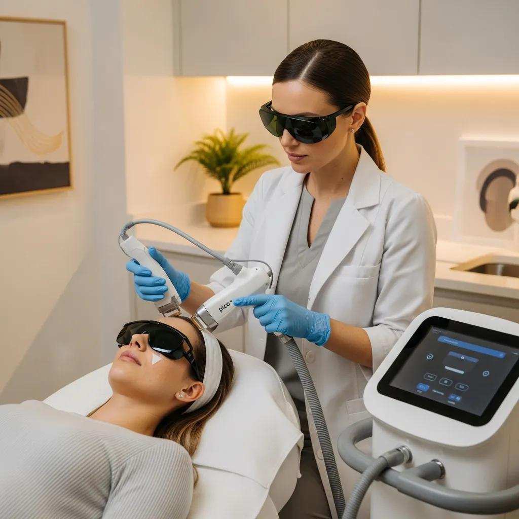 Patient receiving pico laser treatment in a modern clinic, emphasizing comfort and professionalism