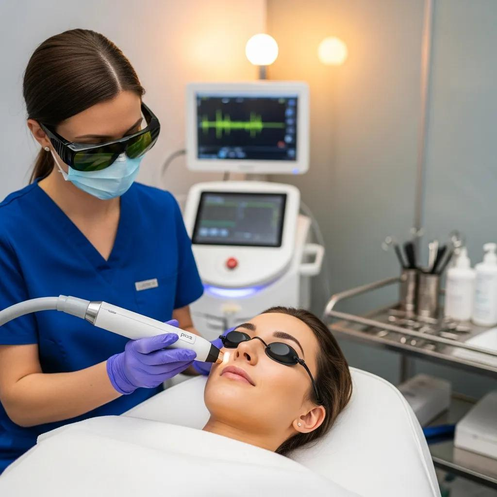 Patient receiving pico laser treatment in a modern clinic, highlighting the advanced technology and professional care