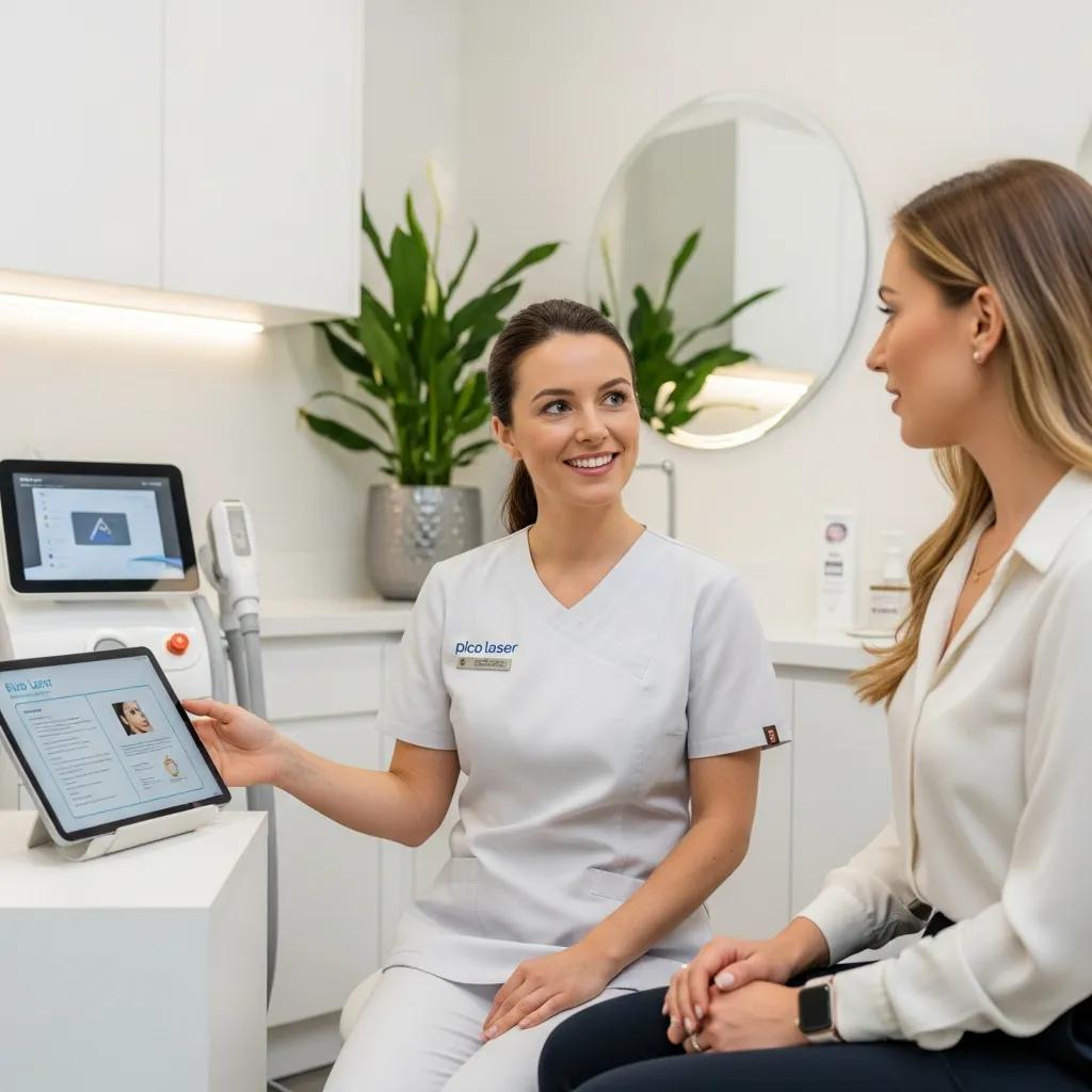 Pico Laser consultation in a modern clinic with a clinician and patient discussing treatment options