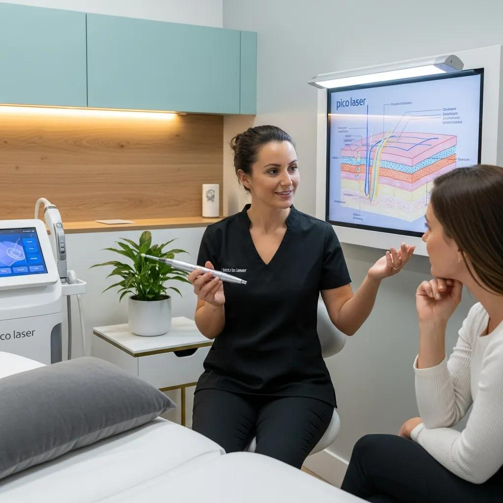 Pico laser consultation in a modern clinic with a therapist and patient discussing treatment options