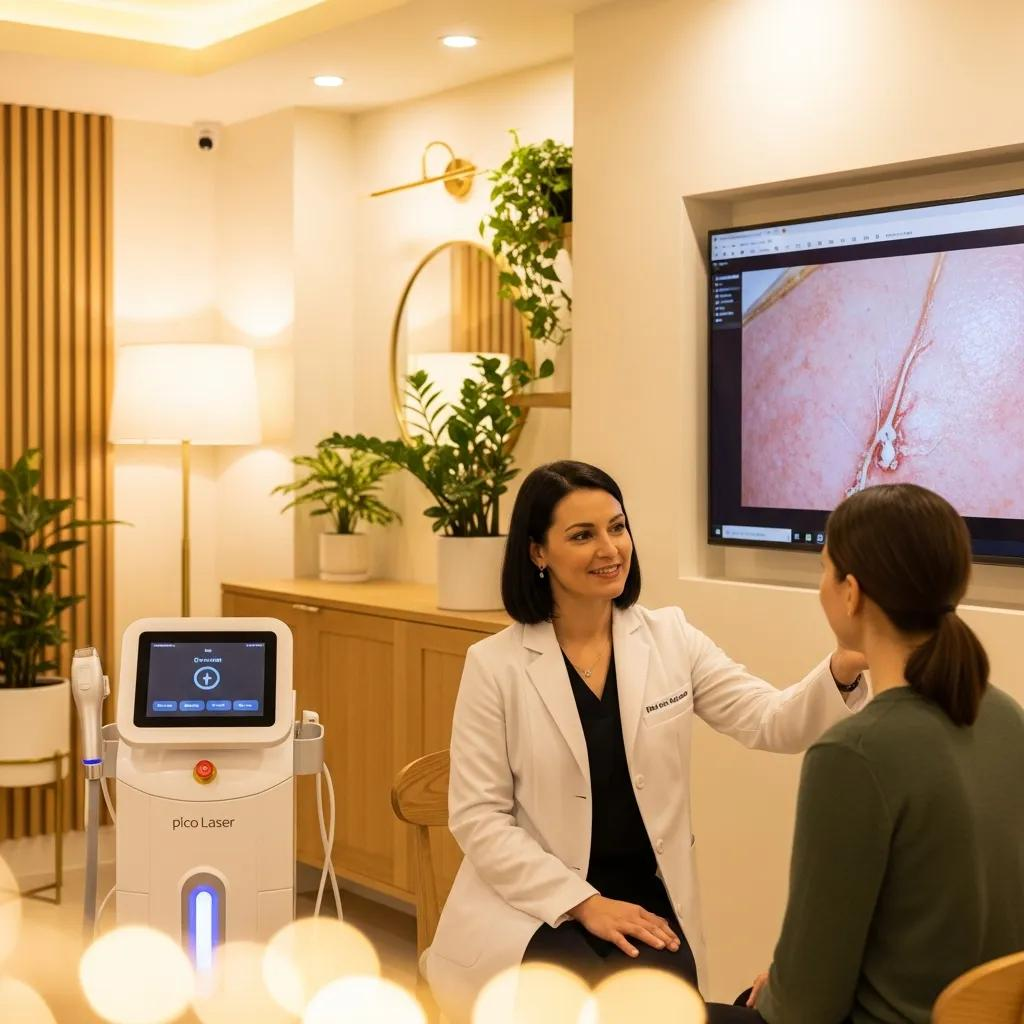 Pico Laser consultation in a welcoming clinic environment with clinician and patient interaction