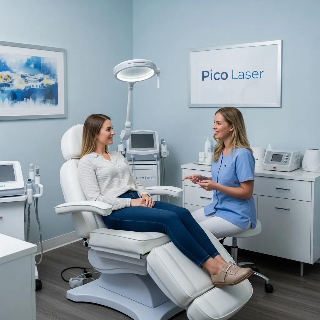 Pico Laser consultation room with clinician and patient discussing treatment options in a calming environment
