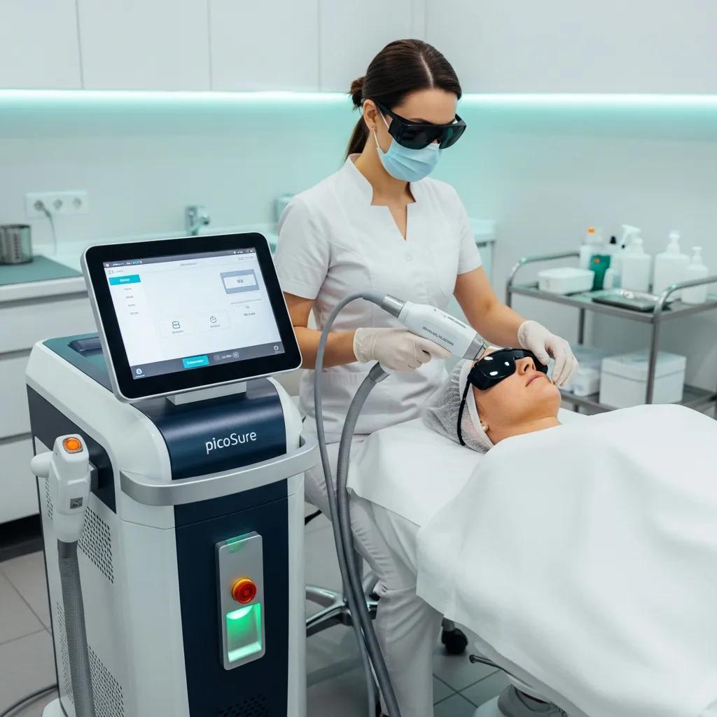 Pico laser device in a clinical setting with a practitioner preparing for skin treatment