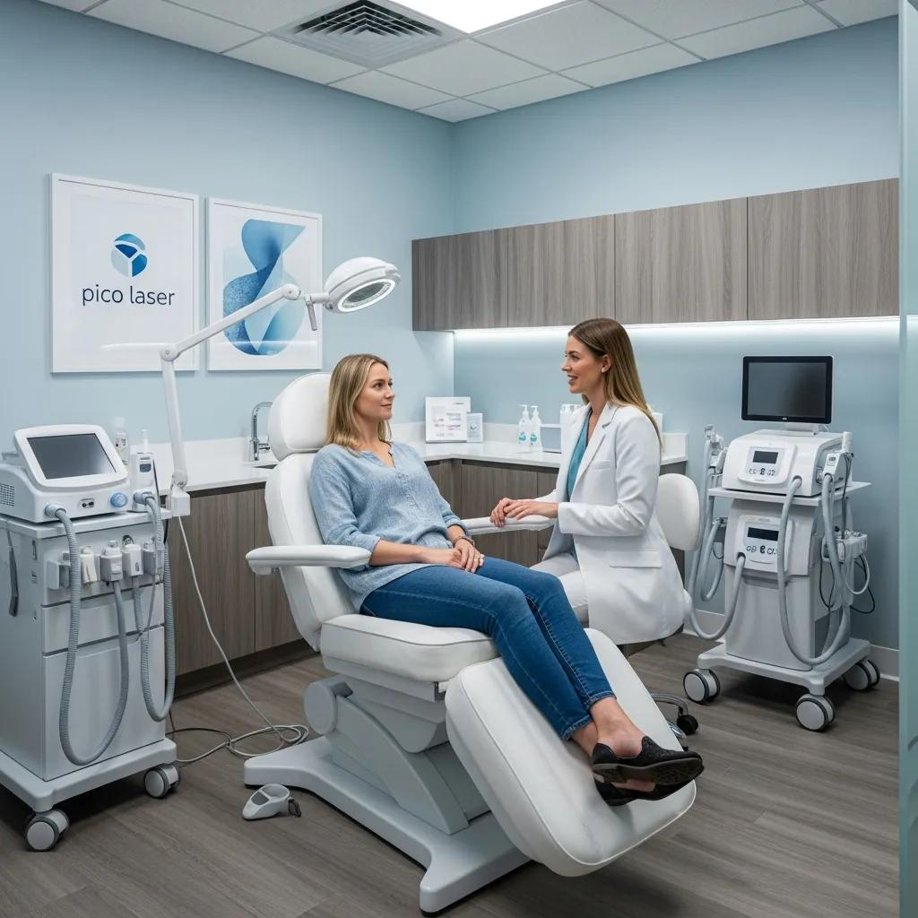 Pico laser treatment consultation room with clinician and patient discussing skin rejuvenation