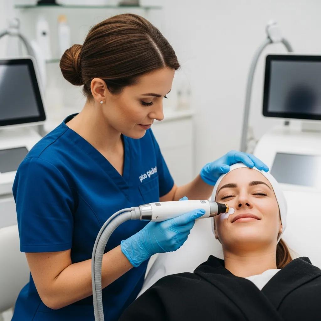 Pico laser treatment session in a modern clinic with a clinician and patient