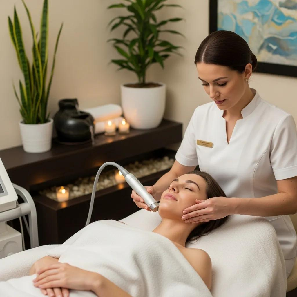 Woman receiving HIFU skin tightening treatment in a tranquil spa environment
