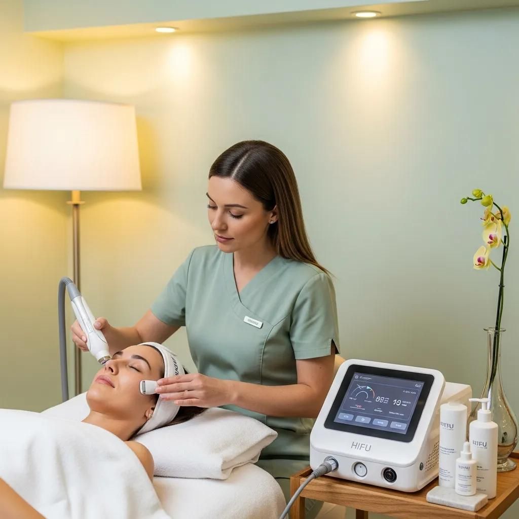 HIFU treatment in a calming spa environment with a practitioner and a relaxed client