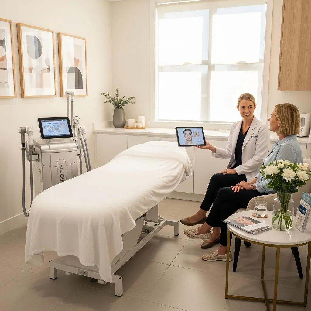 Modern cosmetic clinic in Sunnybank with HIFU treatment equipment and a practitioner consulting a patient