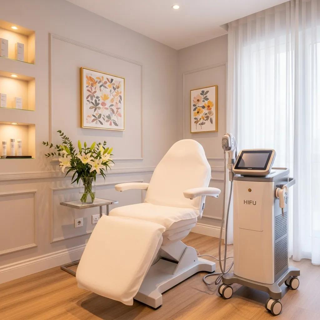 Modern cosmetic clinic room with HIFU machine and calming decor