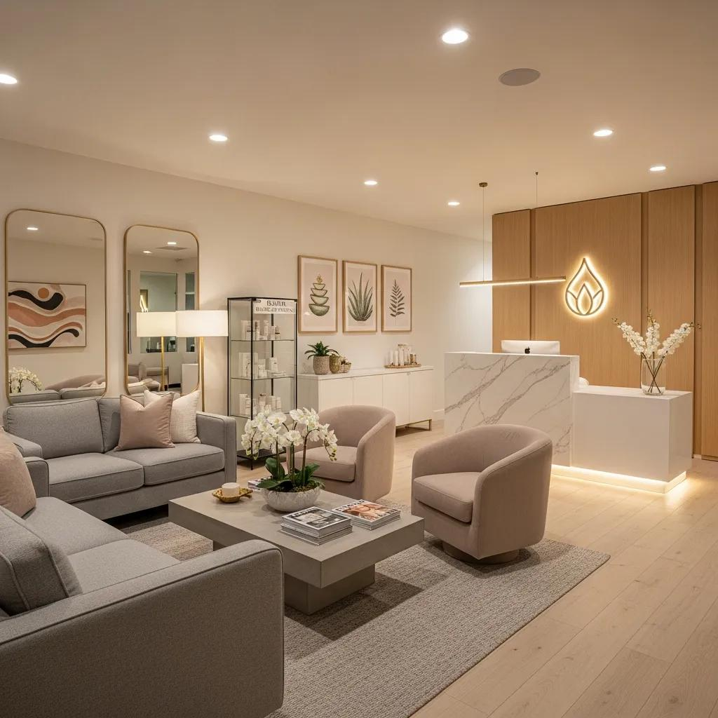 Modern cosmetic laser clinic reception area emphasizing skin rejuvenation and client comfort