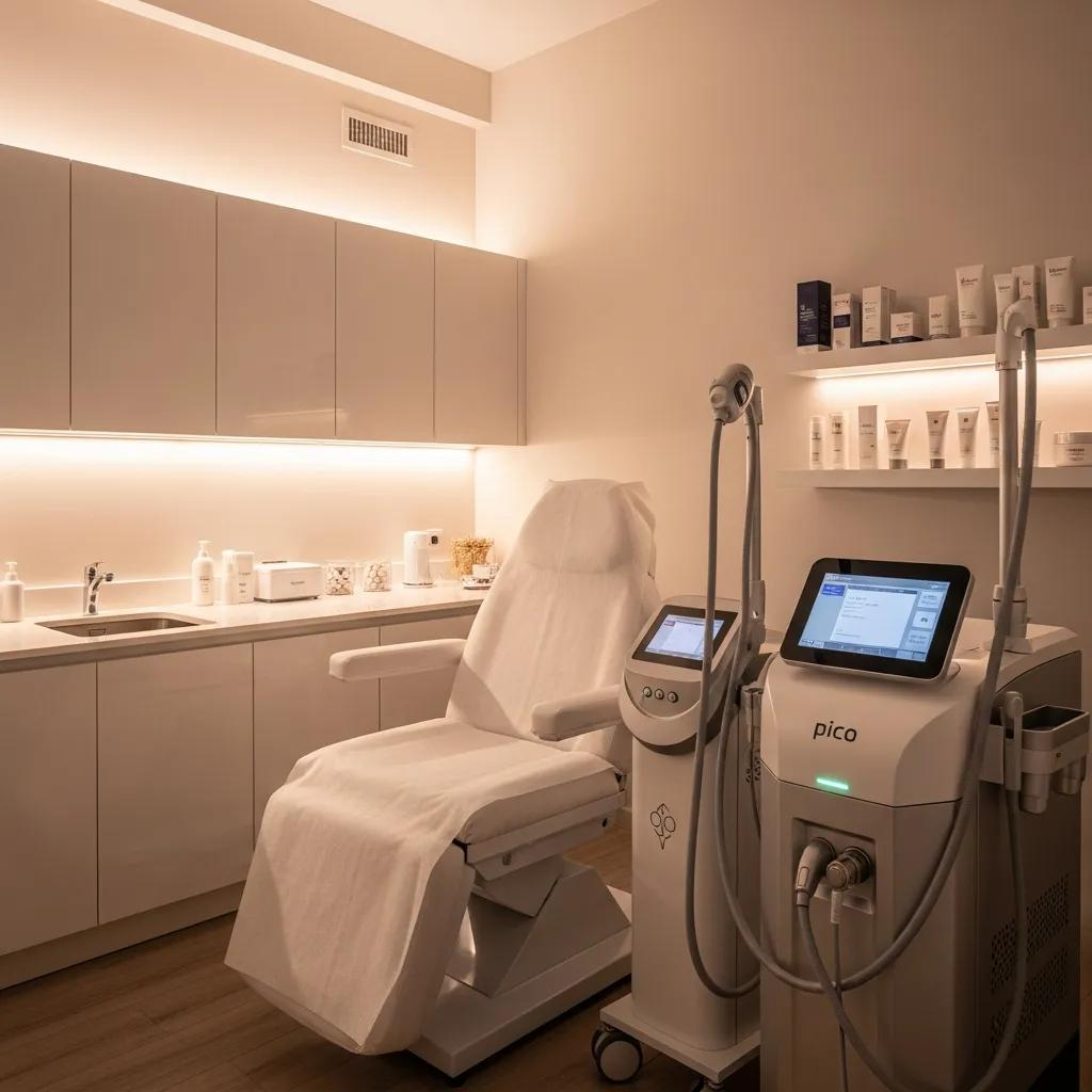 Modern cosmetic laser clinic with pico laser device and calming treatment room atmosphere