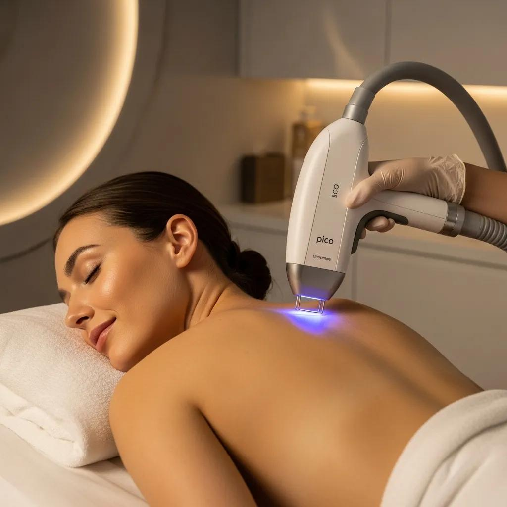 Patient receiving Pico laser treatment in a modern clinic, emphasizing comfort and effectiveness