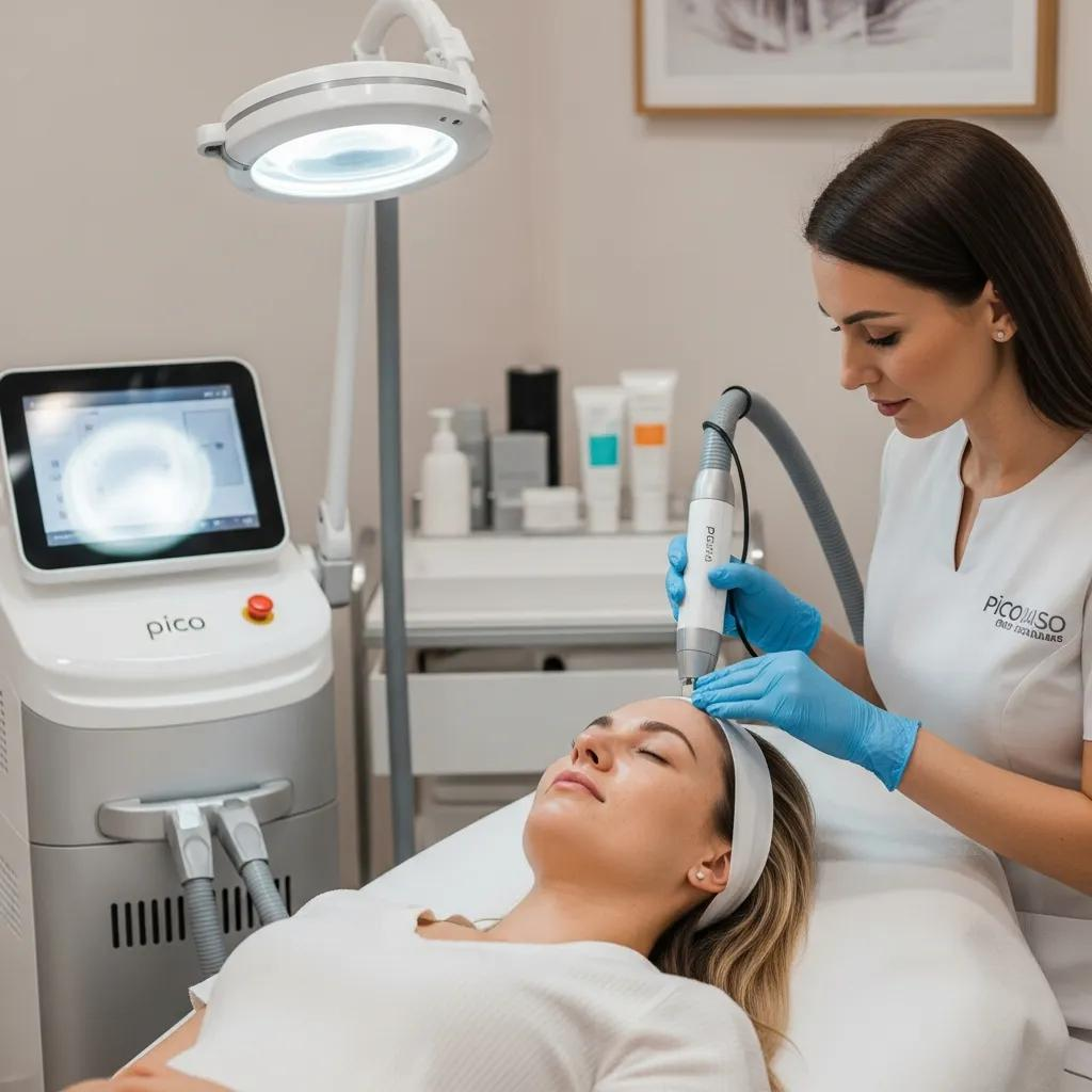 Patient receiving Pico laser treatment in a modern clinic, highlighting advanced skincare technology