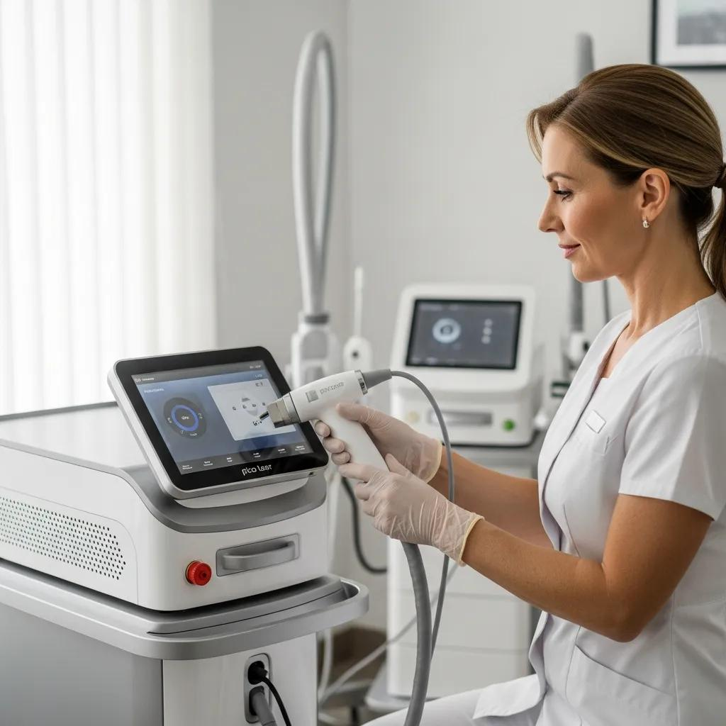 Pico Laser device in a clinical setting with a practitioner preparing for skin rejuvenation treatment