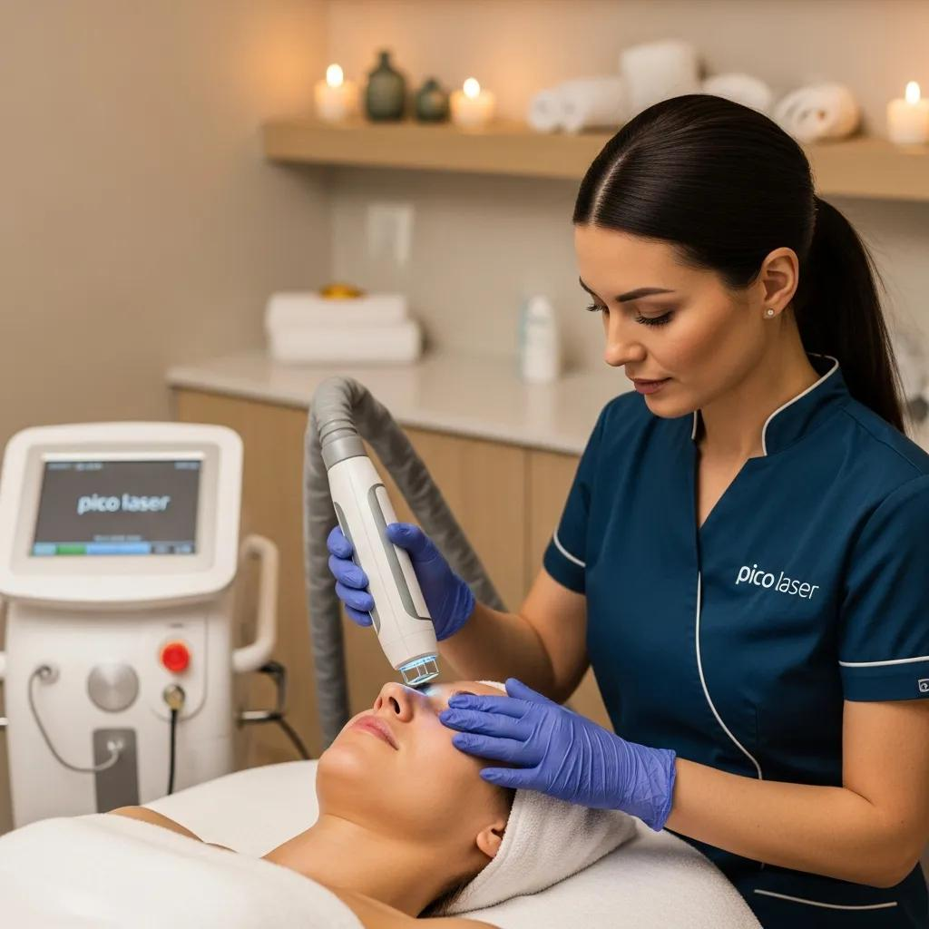 Pico laser skin treatment in a calming spa environment with a patient and practitioner