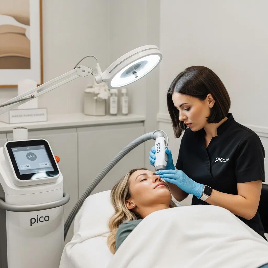 Pico laser treatment in a modern cosmetic clinic, highlighting advanced technology and patient care