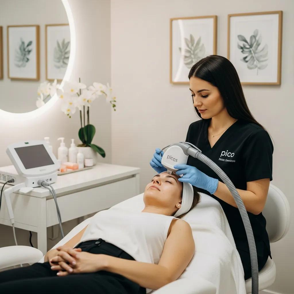 Pico laser treatment in a modern cosmetic clinic, highlighting patient comfort and professional care