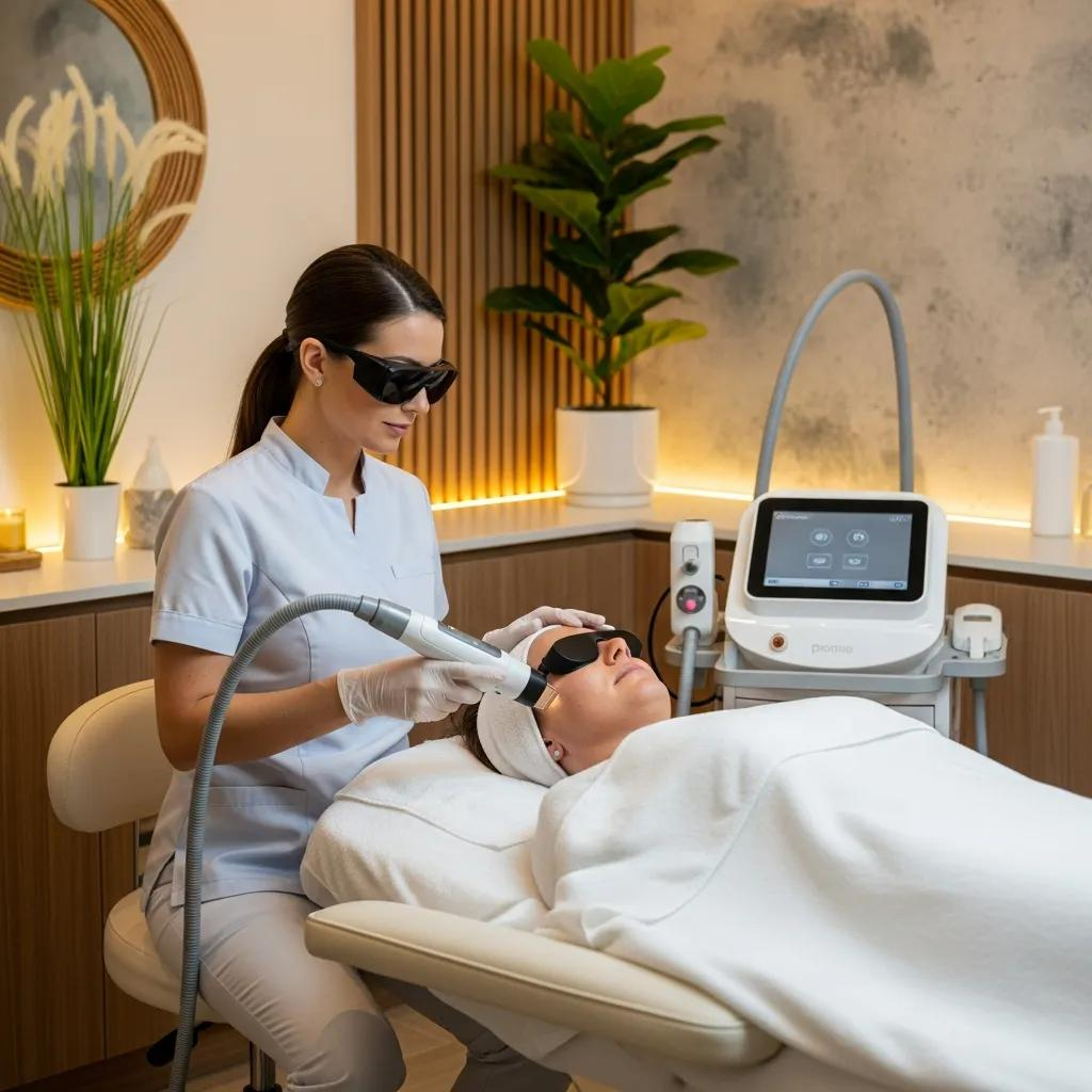 Pico laser treatment session in a calming spa environment with a practitioner and patient