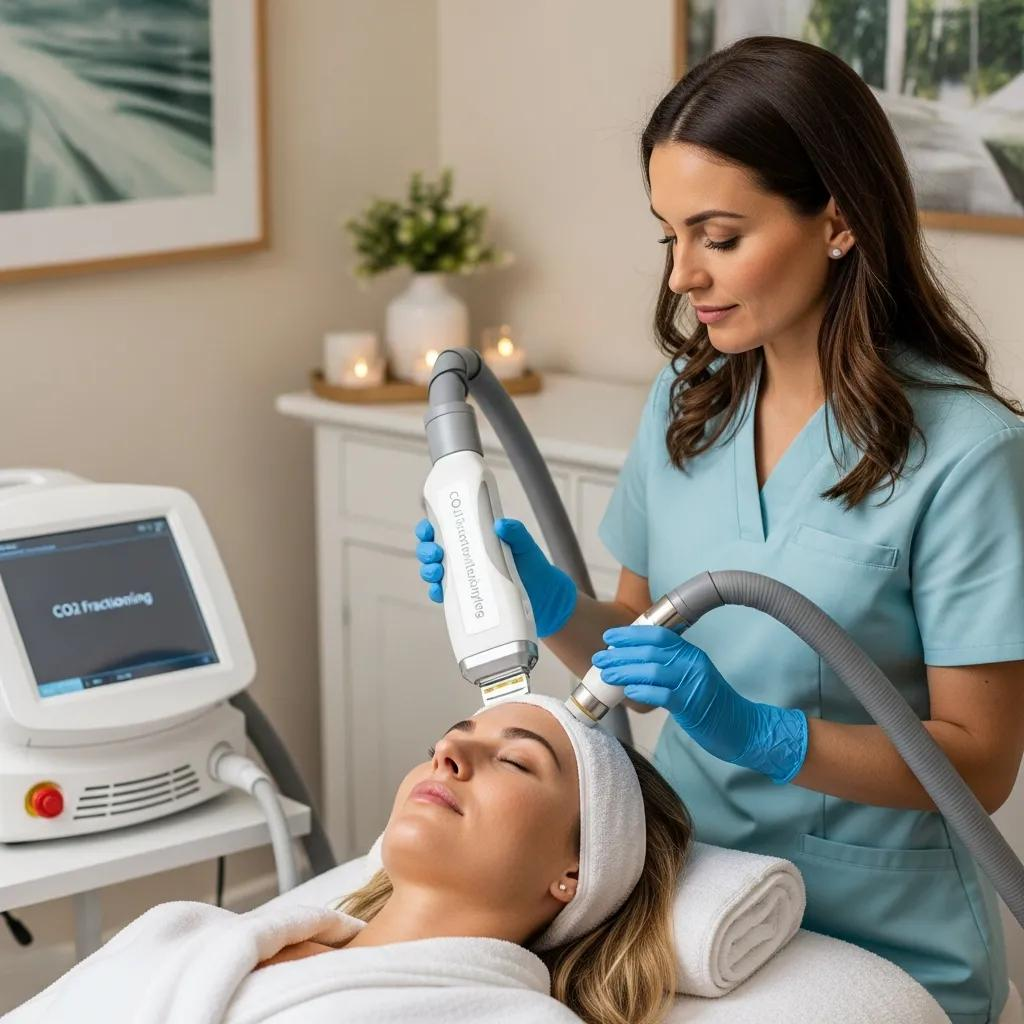 Patient receiving CO2 fractional laser resurfacing treatment in a calming spa environment