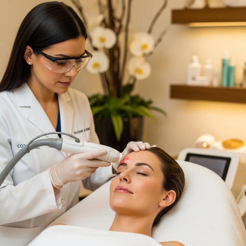 Patient receiving CO2 fractional laser resurfacing treatment in a serene spa environment