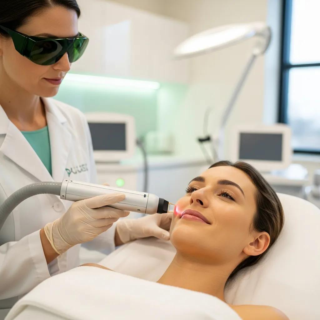 Patient receiving pico laser treatment in a modern clinic, highlighting advanced skin care technology