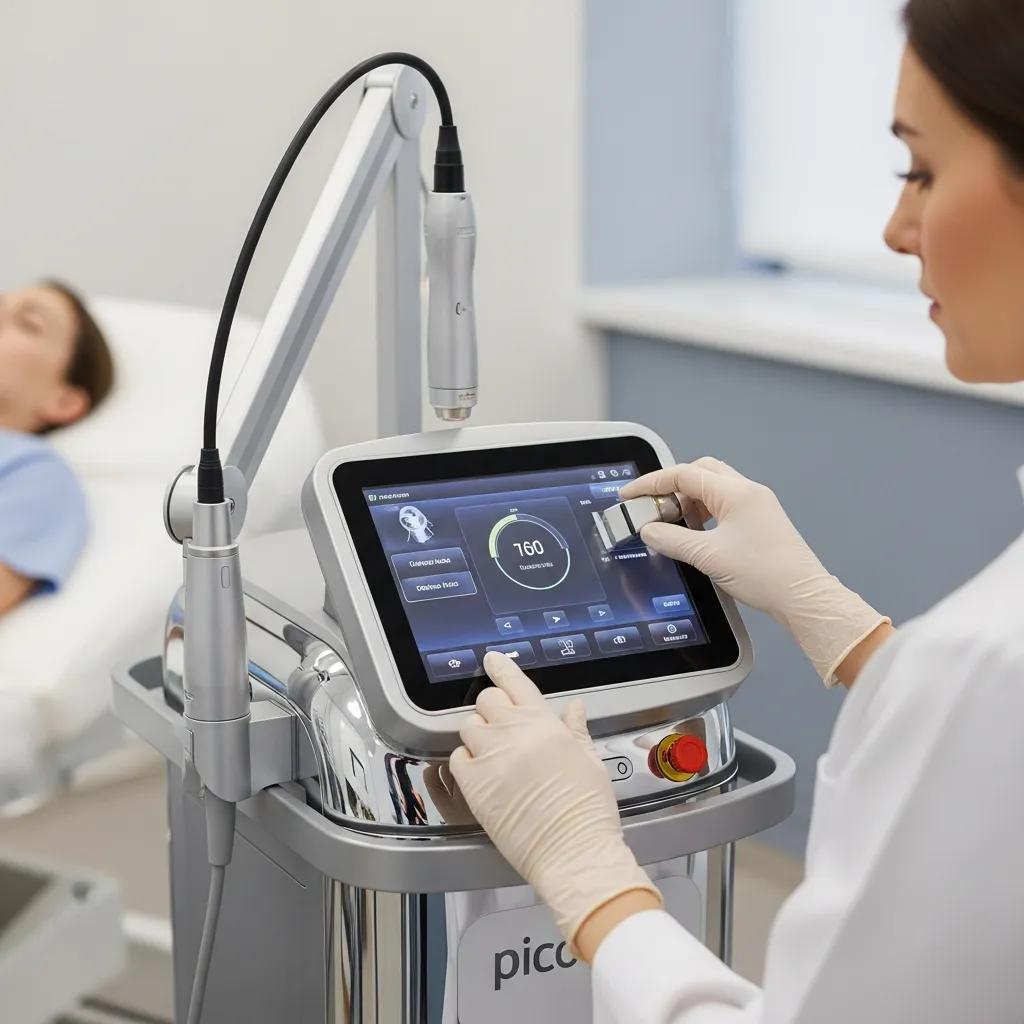 Pico laser device in a clinical setting, highlighting advanced skin treatment technology