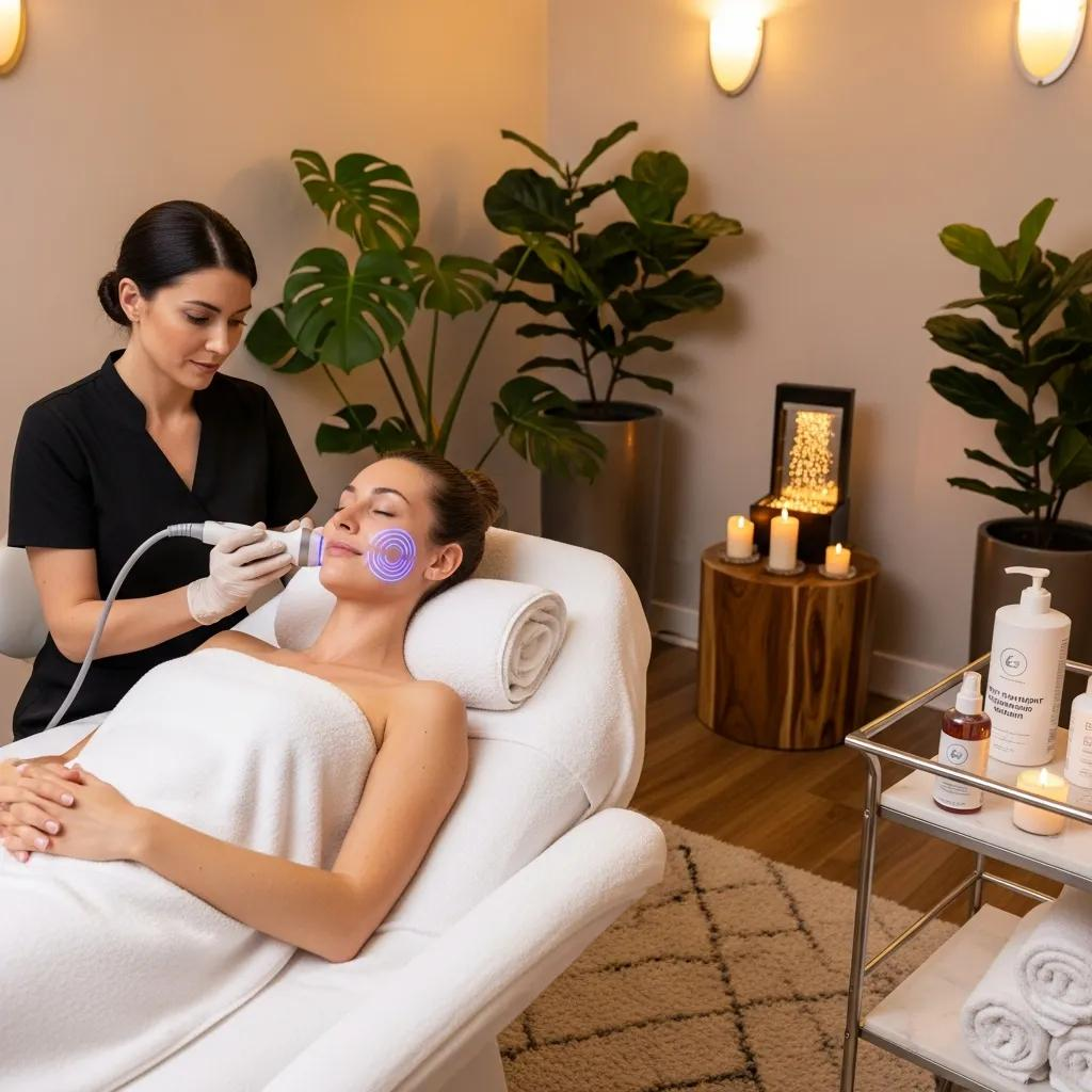 Woman receiving skin tightening treatment in a calming spa environment